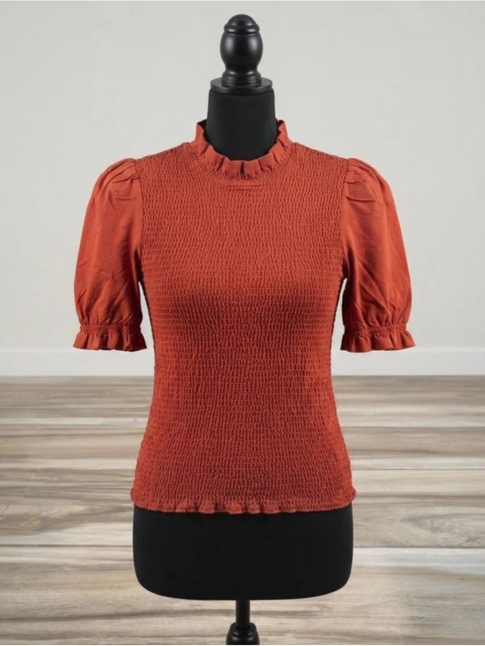 Catherine Malandrino Rust Smocked Puff-Sleeve Crop Top